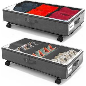 2 Pack Under Bed Storage Rolling Metal Frame Underbed Containers with Wheels Lid Visiable Window Storage Bag Box Organizer Home Closet Organization Drawer Bins for Clothes Shoes Toys Blanketss Grey