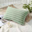 decorUhome Summer Cozy Faux Fur Throw Pillow Covers 12x20 Set of 2 Decorative Soft Plush Striped Lumbar Modern Farmhouse Boho Couch Pillow Cases with Velvet Back for Sofa Bed Living Room, Sage Green