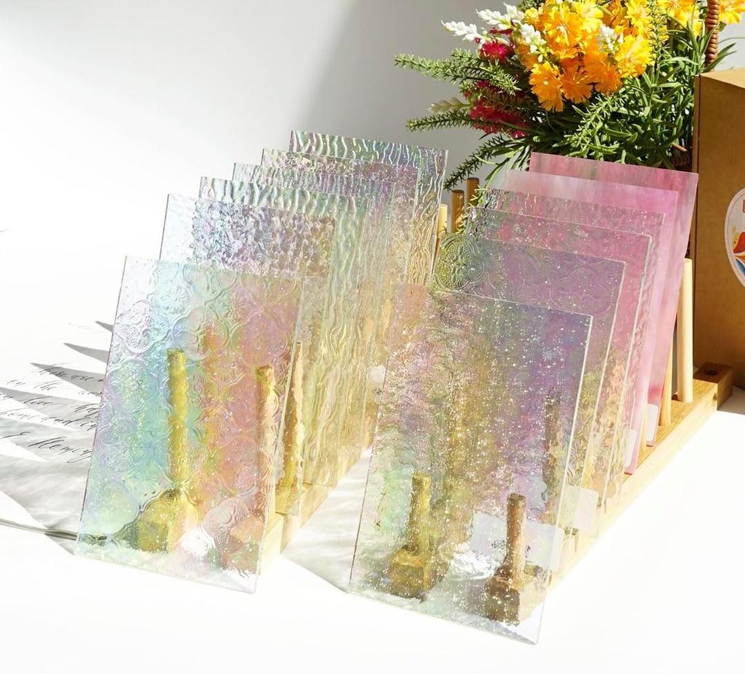 Lanyani 12 Sheets Iridescent Clear Textured Stained Glass Sheets for Crafts, 4x6 inch Cathedral Art Glass Packs for Mosaic Work