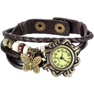 JewelryWe Women Quartz Bracelet Watch Fashion Weave Wrap Around Leather Wrist Watch Classic Bracelet Watch for Summer Beach for Valentine's Day (butterfly-coffee)