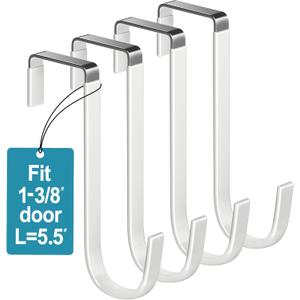 Over the Door Hooks 4Pcs L=5.5" Fit 1 3/8" Door Steel with White Rubber Coating Hanging Towel Robe Clothing Hanger for Bathroom Room Wreath Ironing Board Holder Cute Thin Single Heavy Duty