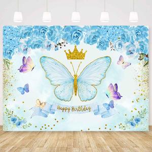 Sensfun Blue Butterfly Birthday Backdrop Girls Light Blue Watercolor Flowers Butterfly Happy Birthday Party Background Gold Crown Butterflies Bday Decorations Banner for Cake Table Supplies 7x5ft