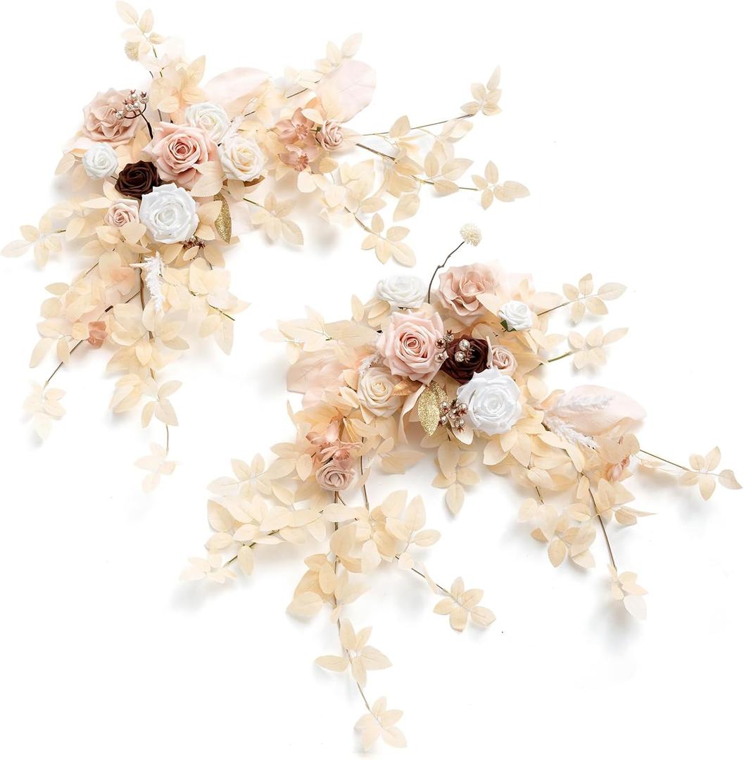 Ling's Moment 2PCS White & Beige Artificial Floral Swags Centerpieces,Ivory Wedding Flower Garland Greenery Arrangements for Sweetheart/Head Table Decor Wall Arch Home Garden Decor