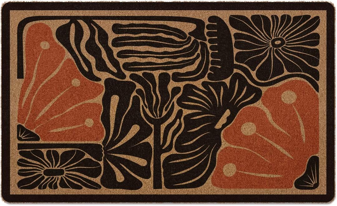 Boho Floral Door Mat, Boho Floral Doormat, Black Flower Welcome Front Door Mat Outside Indoor Outdoor Entrance, Botanical Artificial Coir Doormats Rugs for Patio Entry Home Decor, 30x17in