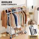Heavy Duty Clothes Rack - Load 600 LBS, Double Rod Clothing Rack for Hanging Clothes with Shelves, Portable Garment Rack for Bedroom, Laundry, Living Room, Silver