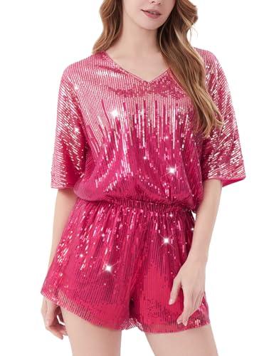 KUKIKUKI Women Sequin Romper Sparkly Gradient Jumpsuit Shorts Shiny V Neck One Piece Short Disco Party Concert Outfit (Pink, M)