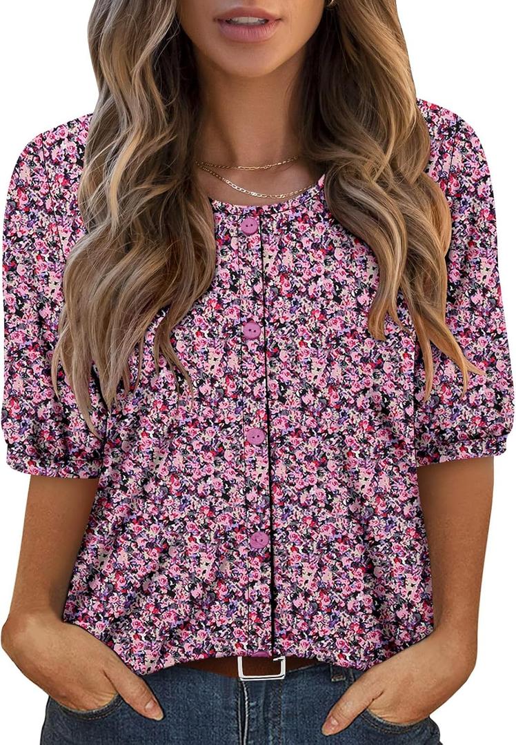 ONLYSHE Womens Shirts Cute Summer Lightweight Tops Short Sleeve Casual Swing Blouse (M)