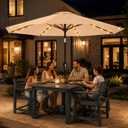 10FT Solar Lighted Patio Umbrella, Outdoor Table Market Umbrellas with Push Button Tilt and Crank, 32 LED Lights, 8 Sturdy Ribs, UV-Resistant for Deck, Garden, Pool