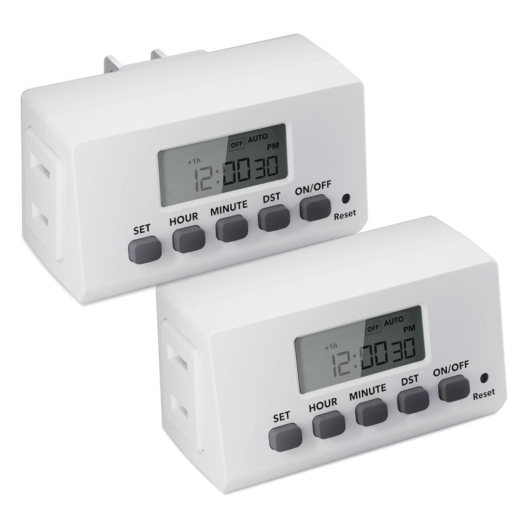 BN-LINK Indoor Digital Timer Outlet,24 Hour Light Timer Easy Programmable,Mini 2 Prong Plug in Timers for Electrical Outlets,Lamps,Fans,2 On/Off Programs,2 Pack,15A/1875W, ETL Listed