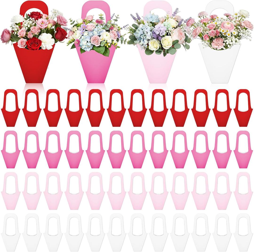 Chivertion 48 Pcs Mother's Day Flower Bags Bulk Kraft Paper Flowers Bouquet Holder with Handle Florist Floral Boxes for Arrangements Flower Bloom Bar Bridal Wedding Birthday Home Party Decor