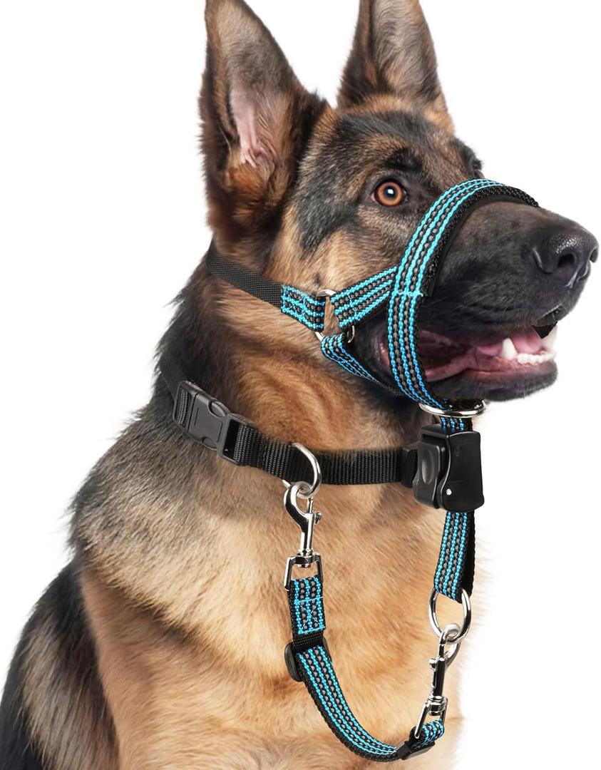 BARKLESS No Pull Dog Head Collar for Gentle Training Walking, Soft Padded Head Halter with Collar Safety Clip, Comfortable Fit Muzzle Leash with Reflective Strap for Medium Large Dog (Blue, M)
