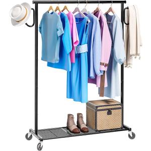 Clothing Clothes Rack on Wheels, Heavy Duty Portable Wardrobe for Hanging Clothes, Garment Rack with Bottom Mesh Shelf and 2 Hooks, Black