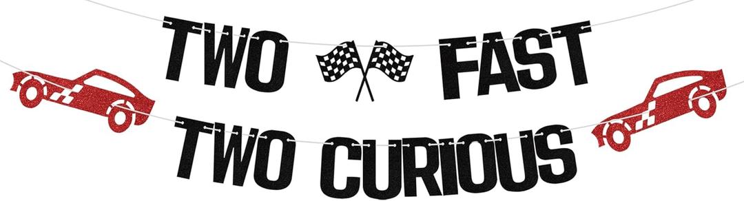 Two Fast Two Curious Banner - Boy's 2nd Birthday Car Theme, Racing Car Party Decor, Cheers to 2nd Birthday Celebration Supplies, Black and Red