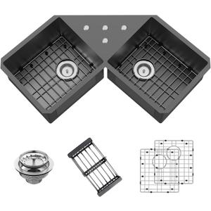 32.5Inch Black Corner Kitchen Sink - Double Bowl Stainless Steel Drop In Butterfly Undermount Modern Sink Come With Bottom Grid,Silicon Mat,Colander,Drain Assembly Nice Solution For Kitchen Corner, 30x30x9 inches