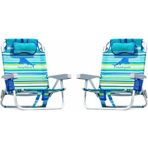 Tommy Bahama 5 Position Beach Chair, Zippered Insulated Cargo Pouch, Cup and Cell Phone Holders, Towel Bar, Pillow for Extra Comfort, Heavy-Duty Weight Capacity, 2-Pack (Aqua Stripes)