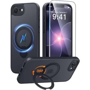 FNTCASE for iPhone 17e Case: iPhone 16e Phone Case [360 Spin Magnetic Stand] [Compatible with Magsafe] [Screen Protector] Translucent Matte Military Grade Shockproof Protective Phone Cover Black