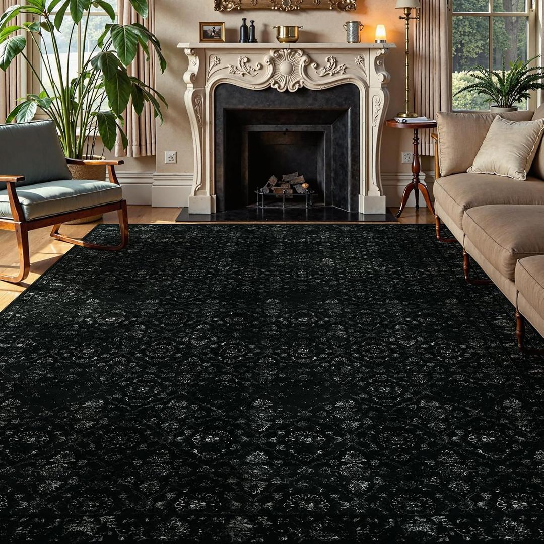 Vintage Black Rug for Living Room 9x12, Ultra-Thin Washable Large Area Rugs for Dining Room Non Slip, Stain Resistant Bedroom Rug for Home High Traffic Area (9'x12', Black)