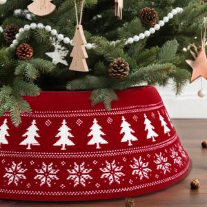 OurWarm 28 Inch Christmas Tree Collar, Knit Red Christmas Tree Collars for Artificial Trees, Adjustable Tree Skirt Collar Base for 6 Ft 7.5 Ft 9 Ft Trees Holiday Home Indoor Xmas Tree Decorations