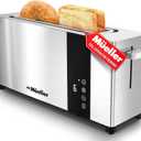 Mueller UltraToast Full Stainless Steel Toaster 2 Slice, Long Extra-Wide Slots with Removable Tray, Cancel/Defrost/Reheat Functions, 6 Browning Levels with LED Display, Housewarming Gifts New Home.