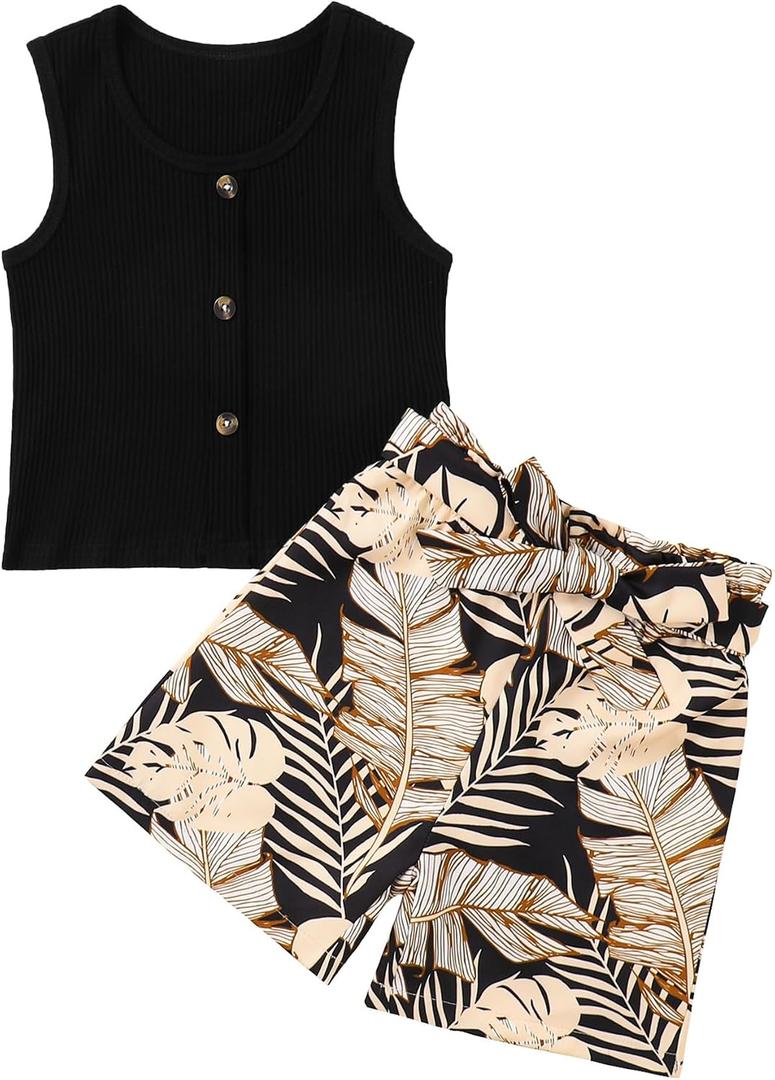 Girls 2 Piece Outfits Summer Sleeveless Ribbed Tank Tops and Floral Shorts Set with Belt Black 13-14 Years