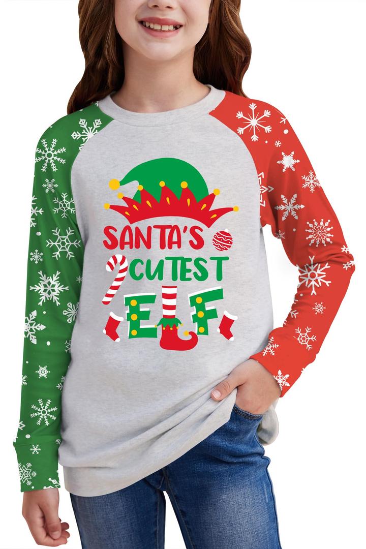 Christmas Big Girls Raglan Patchwork Snowflake Long Sleeve Funny Shirt Xmas Santa's Cutest Elf Cute Top Red Green 14 Years