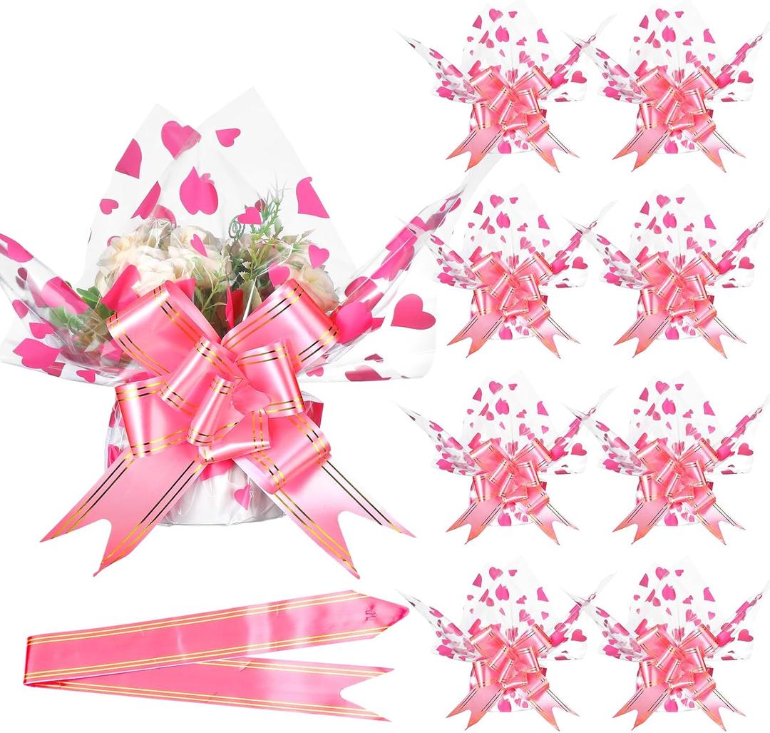 ForraFun 50 Set Valentine Plant Pot Covers Heart Cellophane Wrap Paper Sheets with 15 Bow Decorative Plant Sleeve for Home Flower Pot DIY Decor (Pink)