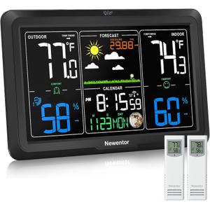 Newentor Weather Station Wireless Indoor Outdoor, Indoor Outdoor Thermometer Wireless, 7.5" Home Weather Stations with Atomic Clock, Temperature Humidity Gauge, Weather Forecast, Black, 2 Sensors