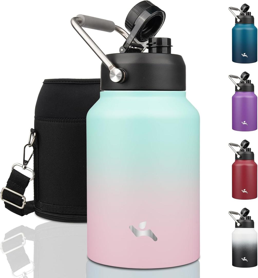 Half Gallon Jug with Handle,64 oz Insulated Water Bottle with Carrying Pouch,Double Wall Vacuum Stainless Steel Metal Bottle,Gum