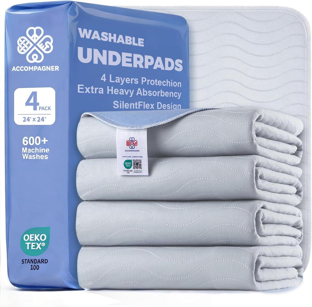 Accompagner Waterproof Reusable for Adults and Pets Washable Pee Pads for Dogs Changing Pad Large Dog Bed Size Adults Incontinence Bed Pads - Non-Slip Leak-Proof (Pearl Gray, 24"x24"(Pack of 4))