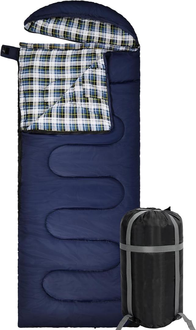 REDCAMP Flannel Sleeping Bag for Adults, Comfortable Cotton Envelope Sleeping Bags for Camping, Backpacking, Hiking, with Detachable Hood&Compression Sack, Blue/Red/Grey/Black (2lbs Filling)