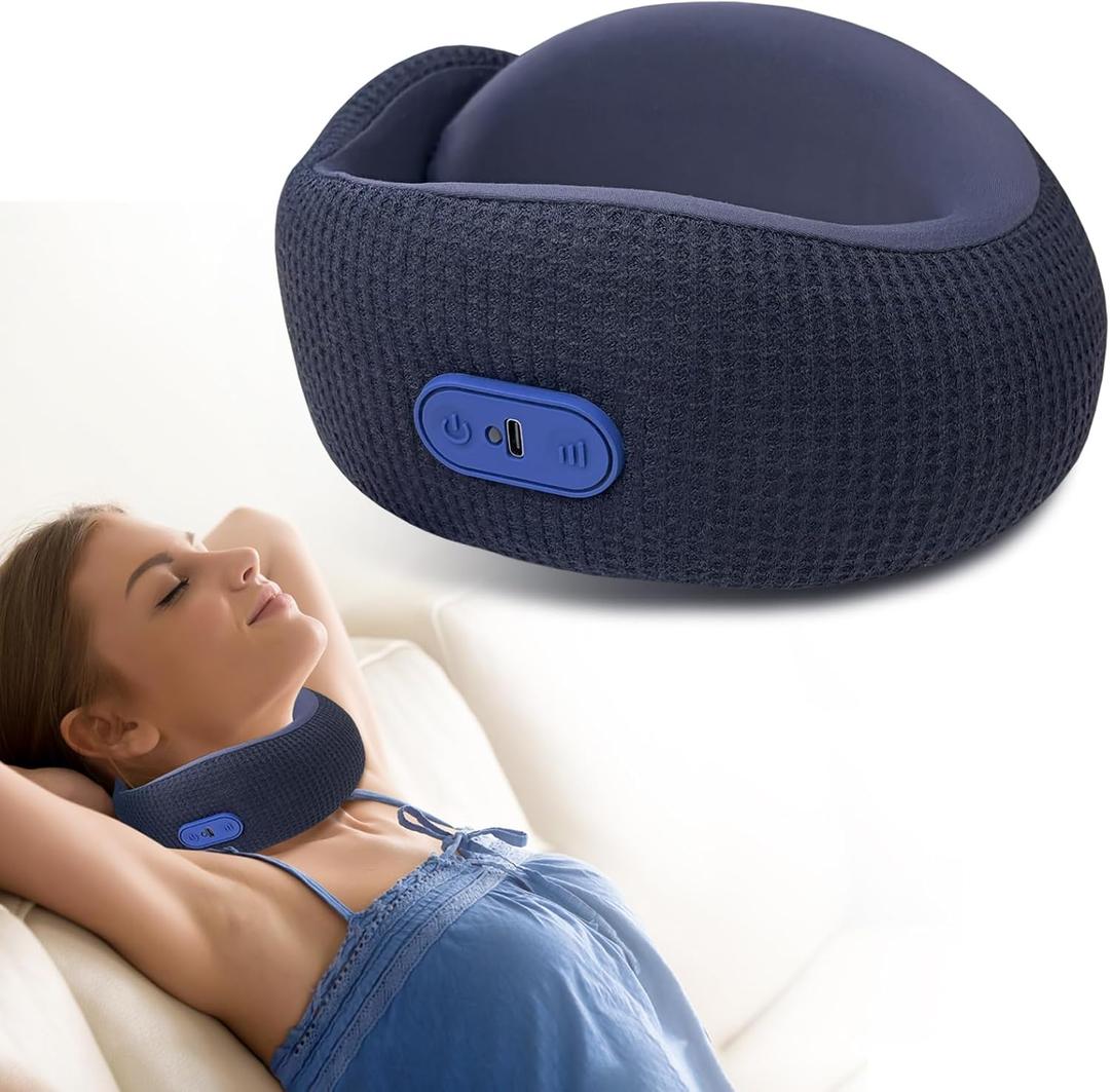 Travel Pillow with Heat,Vibration Massage,Portable Rechargeable Adjustable Airplane Neck Pillow,with Headrest Support for Head,Neck,and Chin,for Pain Relief at Home,Car,Office,Travel (Navy Blue)