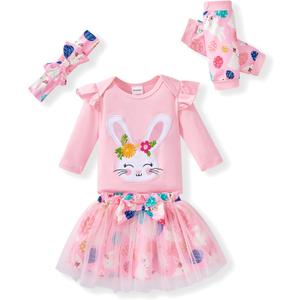FUNMETA Baby Girl Easter Outfit 4 Piece Kids Long Sleeve Rabbit Romper Toddler Bow Pink Tutu Skirt Headband Leg Warmer Infant Easter Bunny Dress 6-12 Months