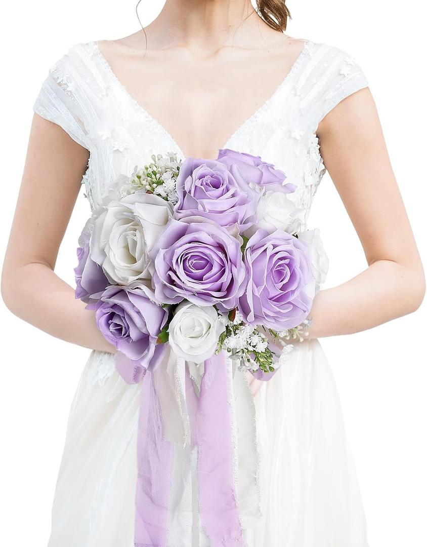 Wedding Bouquet for Bride - Premade Simple Artificial Roses Flowers for Bridal Shower Destination Ceremony Anniversary Decorations (Lilac & White)