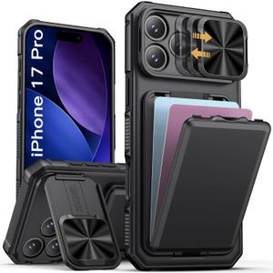 SSLOTSCASE for iPhone 17 Pro Case with Card Holder & Kickstand & Slide Camera Lens Cover & Camera Stand & Wallet, MilitaryGrade Heavy Duty Rugged Phone Case Cover for iPhone 17 Pro 6.3'' 2025, Black