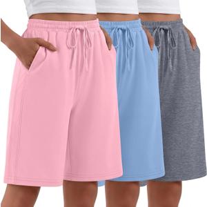 Evervibe 3 Pack Women's Bermuda Shorts Summer Drawstring Elastic Waisted Comfy Casual Sweat Long Shorts Medium, Heather Gray, Sky Blue, Peach Pink