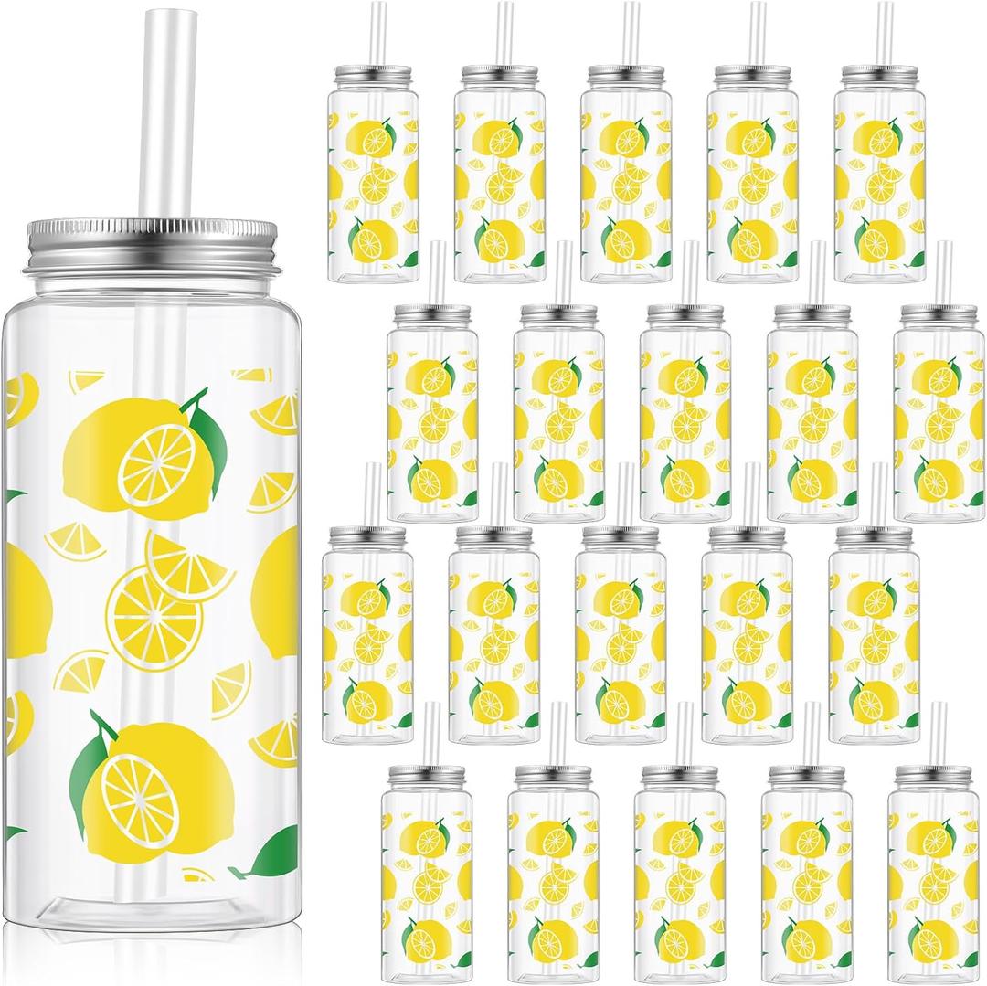 Vesici 24 Pcs Lemon Party Tumblers Bulk Reusable 13.5 oz Clear Plastic Cups with Straw and Lid for Summer Theme Birthday Wedding Baby Shower Party Fruit Cold Cups for Lemonade Juice Water
