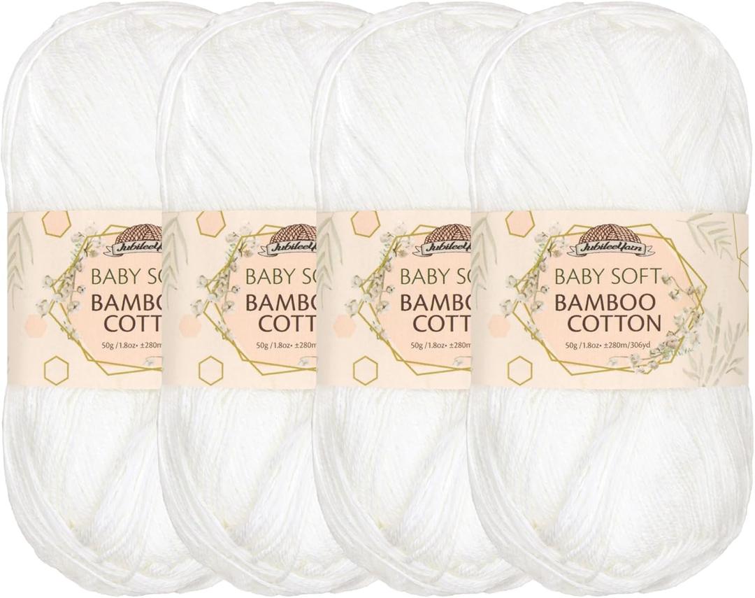 JubileeYarn Baby Soft Bamboo Cotton Yarn - 50g/Skein - Cotton White - 4 Skeins