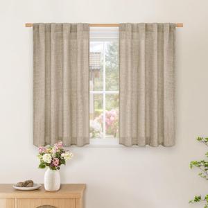 BGment Oatmeal Linen Curtains 40 Inches Long for Kitchen Cafe Window, Short Length Sheer Semi Drapes Light Filtering with Rod Pocket for Bedroom Bathroom, 2 Panels Set, 34 Inch Wide Each Panel