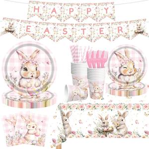 142 Pcs Happy Easter Plates and Napkins Easter Party Decorations with Banner and Tablecloth Pink Gingham Cute Bunny Spring Floral Disposable Dinnerware Set for Spring Celebration Holiday Brunch
