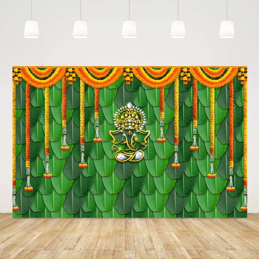 Pooja Backdrop Decoration Cloth Items Indian Ganpati Puja Traditional Chatiya Ganesh Mehndi Photography Background Festival Wedding Party Marigold Garlands Photo Booth Props Banner 5x3ft