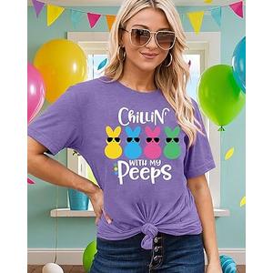 Happy Easter Shirts for Women Funny Rabbit Bunny Shirt Easter Short Sleeve Holiday Tee Tops, M