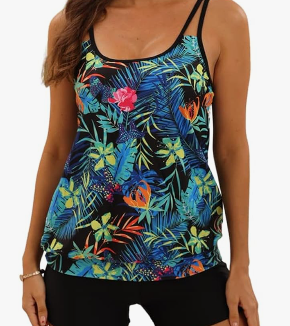 B2prity Tankini Bathing Suits for Women Tummy Control Two Piece Swimsuits Blouson Floral Print Swim Tank Top with Boy Shorts, 18W