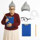 Maiteenly 5 Pcs Halloween Monster Costumes Accessories Include Grey Flame Wig Cat Eyeglasses Pearl Eyeglass Chain Pencil and Plastic Clipboard for Women Cos