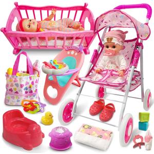 Baby Doll Toys Set with Stroller, Crib, Dining Chair, Realistic Doll Accessories for Kids Pretend Play, Dolls Care Toys Playset for Girls Toddler Ages 3 4 5 6