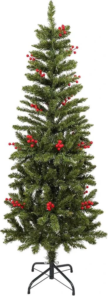 5 Feet Hinged Slim Pencil Red Berries Artificial Fir Christmas Tree with Foldable Metal Stand,300 Tips,Green