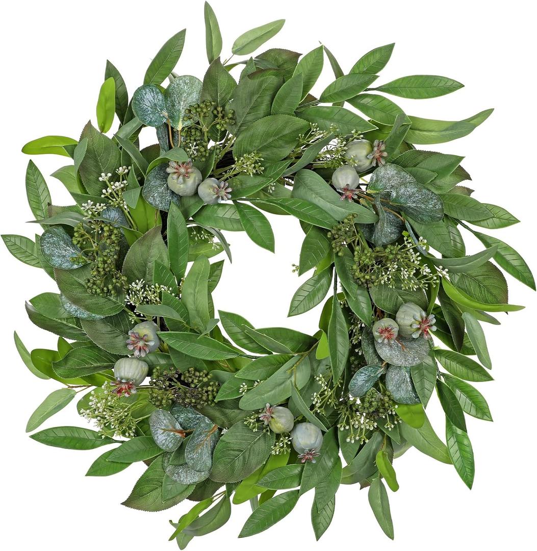 Briful 24" Artificial Greenery Wreath for Front Door, Fake Magnolia Leaf Silk Wreath with Berries, Outdoor Faux Eucalyptus Wreaths for Spring & Summer Home Room Window Patio Farmhouse Décor