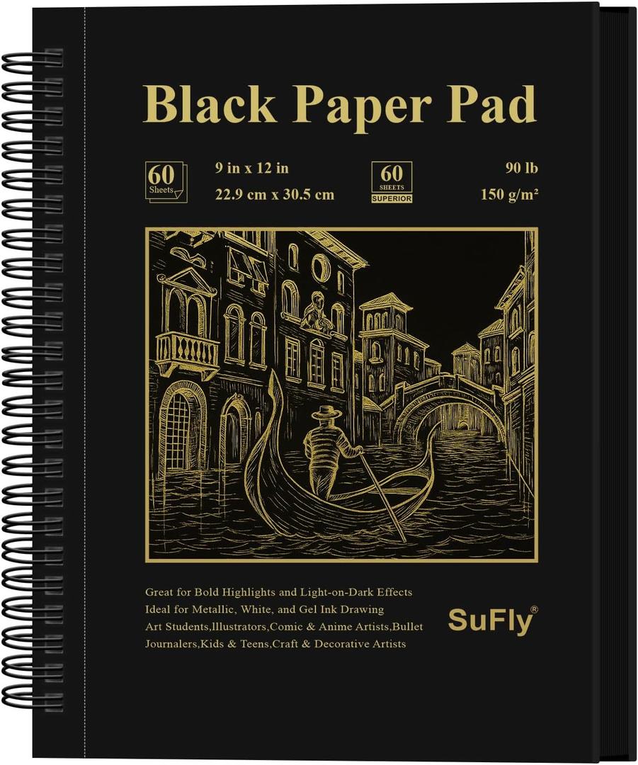 SuFly Black Paper Notebook, 60 Sheets Spiral Bound Sketch Book 9x12, 90lb/150gsm Black Art Paper for Drawing and Painting.