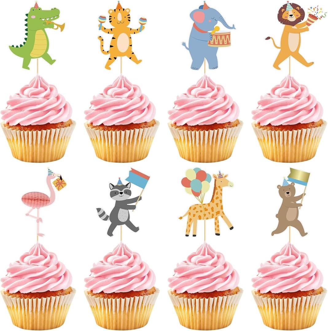 Hooqict 40Pcs Safari Cupcake Toppers Animal Birthday Party Cake Decorations Animal Parade Cupcake Toppers for Kids Jungle Theme Baby Shower Zoo Wild Birthday Party Decorations Supplies