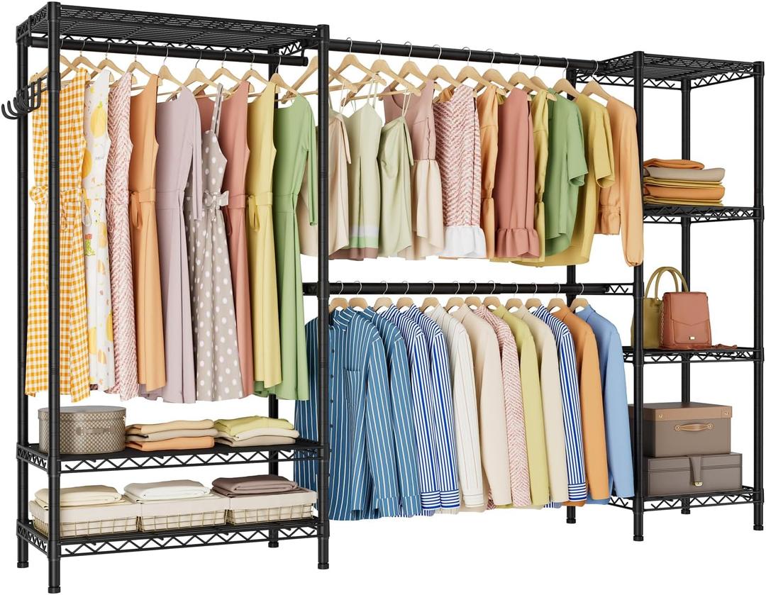 Expandable Heavy Duty Garment Rack Clothes Rack,Large Metal Closet Organizer System Storage Wardrobe,Freestanding Clothing Rack with 9 Adjustable Wire Shelves&3 Hang Rods,MaxLoad 1500lbs (Black)