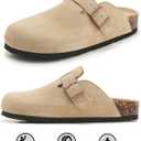 Womens Clogs Soft Leather Mules Cork Footbed Sandals Non-Slip Comfort Potato Shoes (Beige)